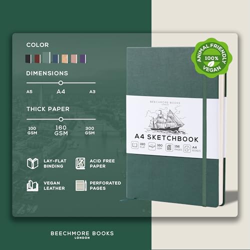 Beechmore Books A4 8.5x11 Mixed Media Sketchbook 160 GSM/98LB with Gift Box | Hardcover Art Journal with Lay-Flat Binding, 156 Perforated Ivory Pages for Drawing, Ink & Light Watercolor - color: Dartmouth Green, size: A4 - 8.5" x 11.5" Large