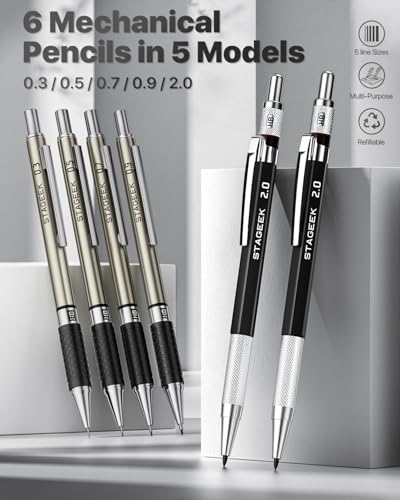 STAGEEK 37PCS Mechanical Pencil Set with Case, 0.3, 0.5, 0.7, 0.9 &2PCS 2mm | Drawing Pencils with 492PCS Lead Refills (6B 4B 2B HB 2H 4H Color), Erasers, Sharpeners, Artist Pencil for Sketching Drafting - style: 0.3, 0.5, 0.7, 0.9, 2MM