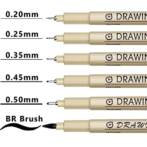 Muchcute Micro Fineliner Drawing Art Pens: 6 Black Artist Supplies Adults | Waterproof Archival Ink Set Pigment Liner Fine Line Markers, Journaling Sketch Outline Manga Anime Gifts Sketching Watercolor - color: 6 Tip Sizes