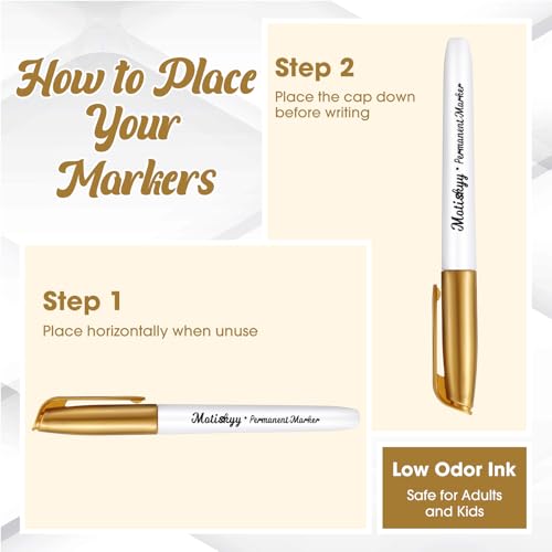 Motiskyy 12 Pcs Metallic Permanent Markers Fine Point, Gold | Paint Pens for DIY Crafts, Gift Card Making, Artist Illustration, Scrapbook Projects, Metallic Finish, Quick-drying Ink - color: Gold