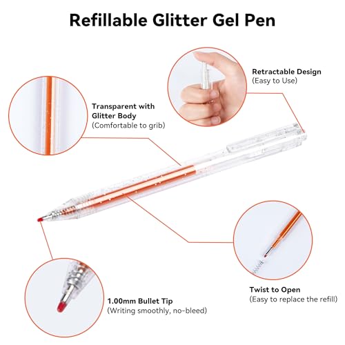 36 Colors Click Glitter Gel Pens for Coloring | Vibrant Sparkle Metallic Ink with Shimmer Effect, Fine Point Capped Set for Coloring Books, Drawing, Journaling, Note Taking - color: Retractable, size: 36 Count (Pack of 1)