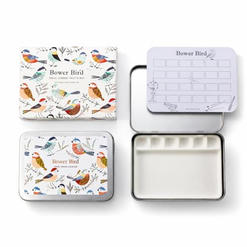 Bower Bird Travel Ceramic Watercolor Palette with 12-Well Porcelain Mixing Tray & Metal Tin Box - Portable Art Kit for Gouache, Studio & Outdoor Painting (6Well) - size: 6 Wells
