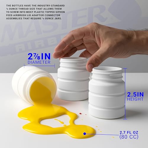 Master Airbrush (Pack of 10) TB-005 Empty 2.7-Ounce (80cc) Plastic Jar Bottles with 60° Down Angle Adaptor Lid Assembly - Fits Single-Action Siphon Feed Airbrushes, Use on Master Badger Paasche Iwata - size: 2.7oz - Plastic - 60°