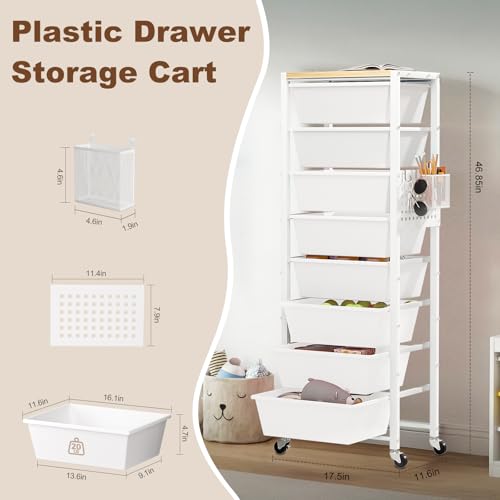 Rolling Cart with Drawers, Rolling Storage Cart with 8 Large Plastic Drawers & Wooden Tabletop, Utility Cart with Pegboards & Basket, Storage Drawers Cart for Living Room, Classroom, Bedroom, Office - color: White, size: 8 Drawers