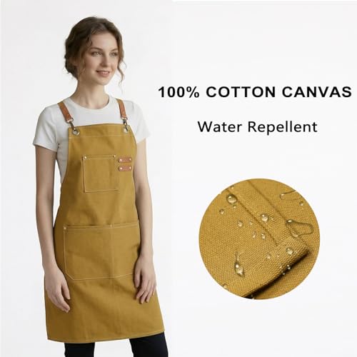 ZOMAO Chef Apron for Women Men with Large Pockets, Cotton Canvas Cross Back Waterproof Work Aprons for Kitchen Cooking Bib - color: Brown