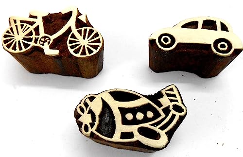 Car Bicycle Plane Wooden Blocks Stamps for Printing on Textiles, Pottery Crafts,Henna, Scrapbooking (Set of 3) - size: Pack # 108