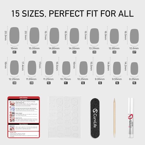 CurvLife Medium Coffin Chrome Press On Nails, Rose Mirror Gold Pink | 32PCS 16 Sizes, Salon-Quality Natural Fake Nails, Curved Fit, 7-14 Day Glue-On Wear, Reusable Stick-On Nails, Press-On Kit - color: Pink glitter