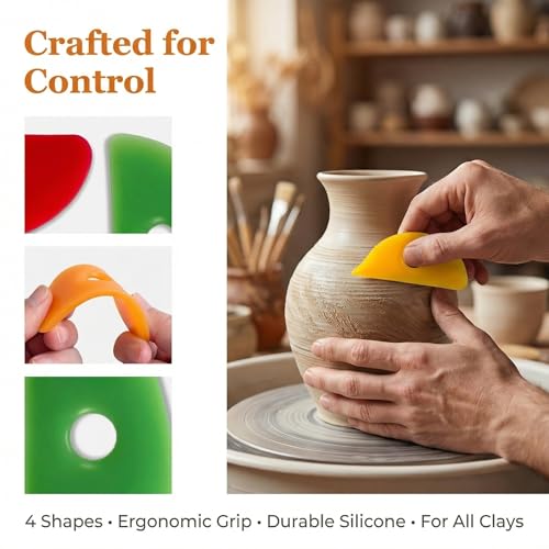 OKKRMGZ 4Pcs Pottery Ribs for Clay Sculpting Soft Rubber Rib Tools for Ceramics and Handbuilding Multi-Style Silicone Ceramic Ribs for Shaping Wheel Work Mudtools and DIY Pottery Supplies