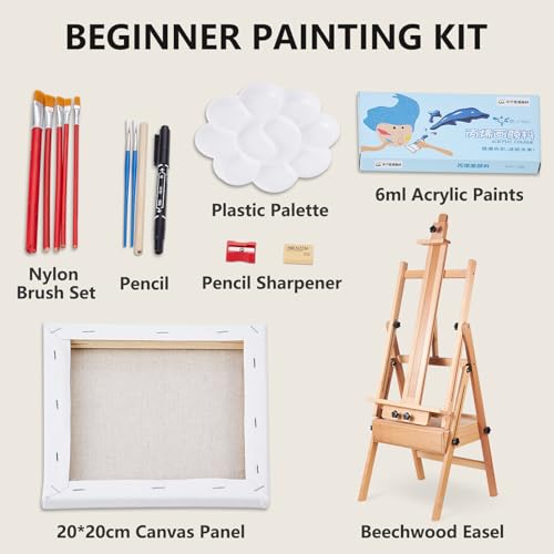 YOKUGO Beech Wood H-Frame Painting Easel with Storage Drawer, Natural | Heavy-duty Studio Easel, Adjustable Height & Angle Floor Easel Stand, Holds 30"-50" Canvas, Foldable Artist Easel for Adults - color: Natural