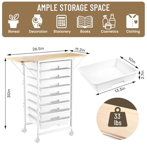 Rolling Storage Cart with Drawers,Craft Storage Cabinet with 8 Drawers and Wooden Tabletop,Utility Cart with Foldable dual side panels & Wheels for Classroom,Bedroom,Bathroom,Dorm,Office,Kitchen,White