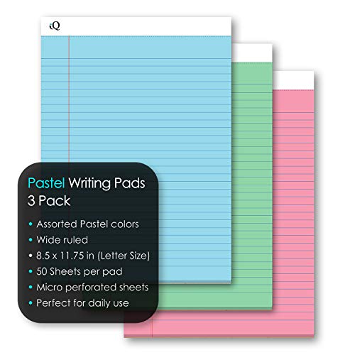 iScholar iQ Pastel Writing Pads, 3 Pack, Wide Ruled, 8.5" x 11.75", 50 Sheets Per Pad, Asst. Pastel Colors (58113) - size: 8.5" x 11.75"