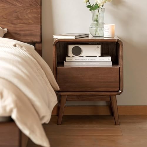 100% Solid Walnut Nightstand with Drawer, Mid-Century Nightstand with Open Storage, Wood Bedside Table for Bedroom,(19.68" H) - color: Walnut 1 Drawer, size: 1 PACK