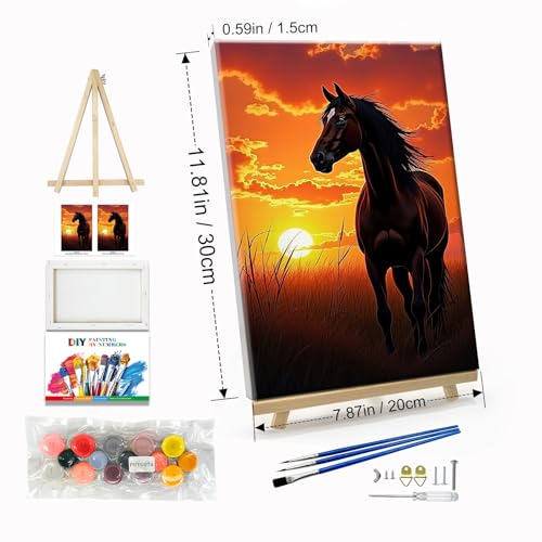 JOOZ Horse Paint by Numbers Kit for Adults with Frame Sunset Paint by Number with Easel Adult Paint by Number Kits Framed Canvas Oil Painting Kits for Home Wall Decor 8x12 Inch - color: Horse 074
