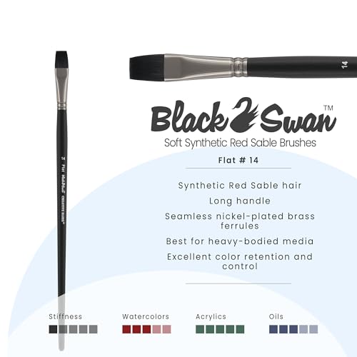 Black Swan Synthetic Red Sable Flat Paint Brushes - Flat Size # 14 - Professional Quality Long Handle Paint Brushes for Oil, Heavy Body Media and Acrylic - Artists of All Levels - size: Size 14