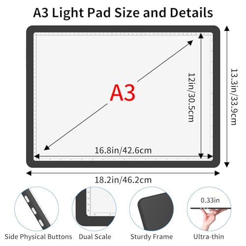 Rechargeable A3 Diamond Art Light Board with Carry Bag, 5600 Lux Tracing Light Box with Side Physical Buttons, 3 Colors & 6 Levels of Brightness, LED Light Pad for Diamond Painting, Weeding Vinyl - size: A3 with Bag