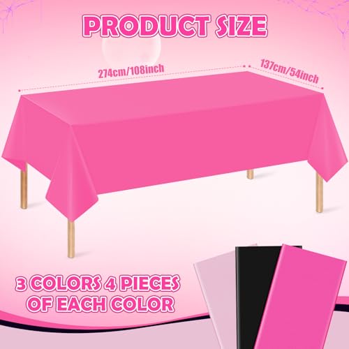 12 Pack Halloween Pink and Black Plastic Tablecloth for Rectangle Tables, Pink Black Disposable Table Cover, Rectangle Table Cloth for Girls Halloween Baby Shower Birthday Party Supplies Decorations - color: Black Light Pink Dark Pink