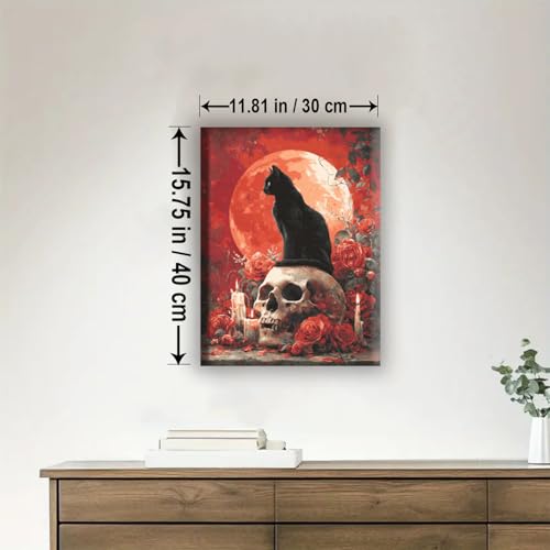 Aeontinity Skull Black CAT Halloween Gothic Framed Canvas DIY Paint by Numbers Kit Bar Cafe Cave Home Room Wall Bathroom Porch Patio Decor Gift, 16 x 12 Inch - color: SKULL BLACK CAT HALLOWEEN