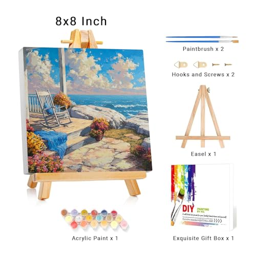 Framed Paint by Numbers Kit for Adults Beginner & Kids Ages 8-12 Beach Adult Paint by Number Kits on Canvas with Easel Landscape Painting by Numbers for Adults with Frame DIY Painting Kits 8x8 Inch - color: NZB29, size: 8x8 Inch