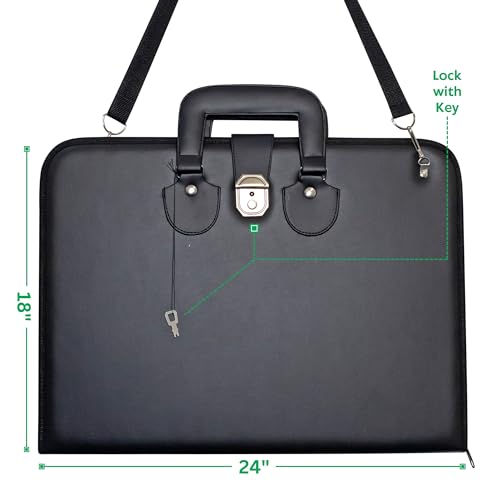 Premium Art Portfolio Leather Bag 18 x 24 (inches) with Lock and Key, Executive Briefcase Style Carrying Case with Handle & Shoulder Strap, Artwork Storage for Posters, Canvas, and Art Materials