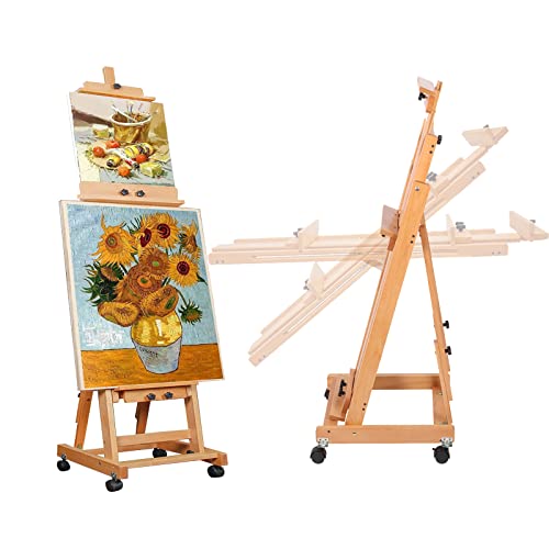 Art Easel for Painting, H-Frame Standing Studio Painting Easel | Tilting Flat Adjustable with Wheels for Adults Artist, Can Holds 2 Canvases