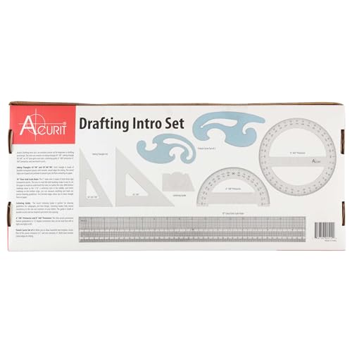 Acurit Drafting Introduction Set of 8 - Professional Drafting Tools for Architects & Artists: Includes Triangles, Grid-Scale Ruler, Lettering Guide, Protractors & French Curves - Drafting Kit - size: Set of 8