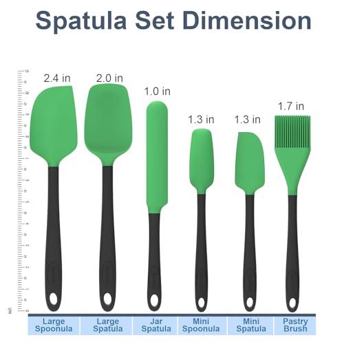Silicone Spatula Set, 6 Pieces Food Grade Kitchen Utensils with Silicone Brush Heat Resistant Dishwasher Safe BPA-free Rubber Spatula for Scraping, Baking, Cooking, Mixing (Green) - color: Green