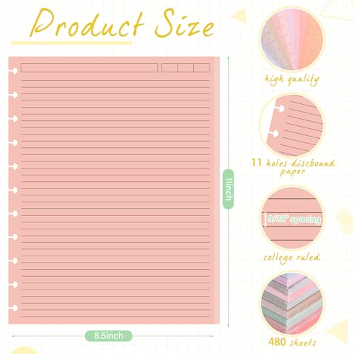 12 Pack 480 Sheets Colored Discbound Refill Paper 8.5 x 11 Inch College Ruled 11 Disc Letter Size Lined Paper Multicolored Notebooks for Refill Journaling(Soft Color) - color: Soft Color