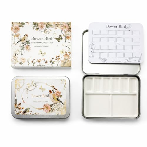 Bower Bird Travel Watercolor Palette,Portable Ceramic Palette 6 Well,Empty Paint Palette,Small Travel Metal Paint Boxwith Porcelain Palette (6Well)