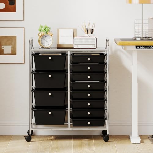 12 Drawer Rolling Storage Cart, Rolling Cart with Drawers for Classroom, Art Supply Craft Organizer on Wheel with Metal Frame & Handles for Home Office School (Black, 12 Drawer Left-Right) - color: Black, size: 12 Drawer Left-Right