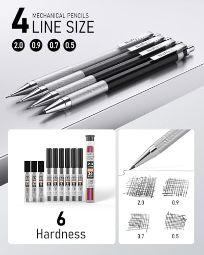 Nicpro 38PCS Art Mechanical Pencils Set in Leather Case | 3 PCS Metal Drafting Pencil 0.5/0.7/0.9/5 PCS 2mm Lead Holder (6B 4B 2B HB 2H 4H Colors) For Sketching With 20 Tube Lead - size: 38PCS