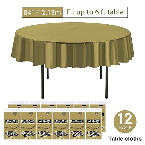 Eleclassi Gold 12 Pack Premium Round Disposable Tablecloth - 84 Inch Round Plastic Table Cloths for Parties - color: Gold, size: 12 Pack Round