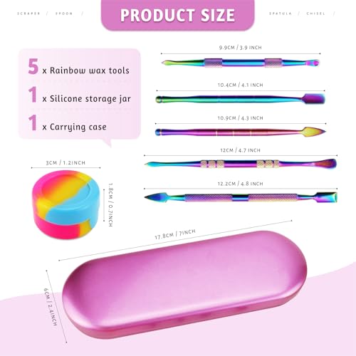 YETOOME 6 Pcs Wax Carving Tool Set with 5 ml Silicone Container and Portable Pink Metal Case, Double-Ended Carving Tool Stainless Steel Wax Sculpting Tools for Wood, Wax, Clay, Pottery, Rainbow Color