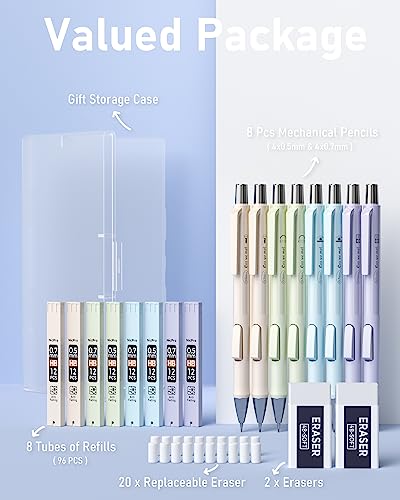 Nicpro 8PCS Pastel Mechanical Pencil 0.5 & 0.7 mm, Cute Pencils Fast Click | 8 Tubes HB Lead Refills, Erasers for Drafting, School Student Writing, Drawing, Sketching -with Case - style: 8PCS-0.5 & 0.7mm