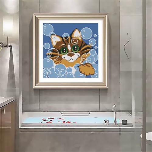 Cat bathing Stamped Cross Stitch Kits,Animals 11CT Printed Cross-Stitch Needlepoint Kits ,Easy Patterns Counted Embroidery Kit for Beginners Gift DIY Wall Decor - (Bubble Cat(11CT)15.35 x15.35 inches) - color: Bubble Cat(Printed))15.35 x15.35 inches