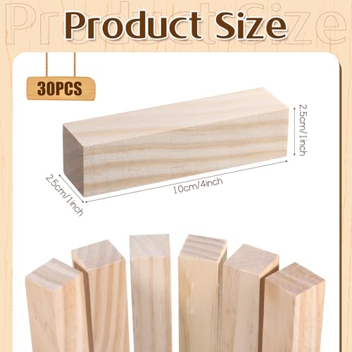30 PCS Wood Carving Blocks, 4" x 1" x 1" Soft Solid Pine Wood Block, Unfinished Wooden Whittling Blocks, for Beginner Experts DIY Craft Arts