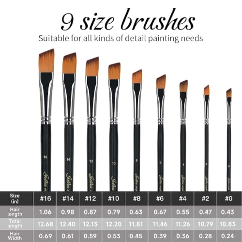 Golden Maple Angular Paint Brush, 9PC Oblique Tip Nylon Hair Long Handle Angled Paint Brushes Set Art Artist Professional Painting Supplies for Acrylic, Watercolor, Gouache and Oil Painting