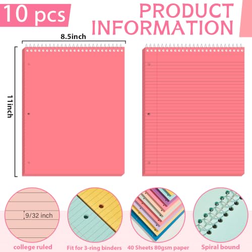 10 Packs 8.5 x 11 inch Top Spiral Notebook with 3 Hole Punched Legal Pads 40 Sheets College Ruled Notepad Hard Cardboard Paper Wirebound Pads for Business School Office Home Supplies (Colorful) - color: Colorful