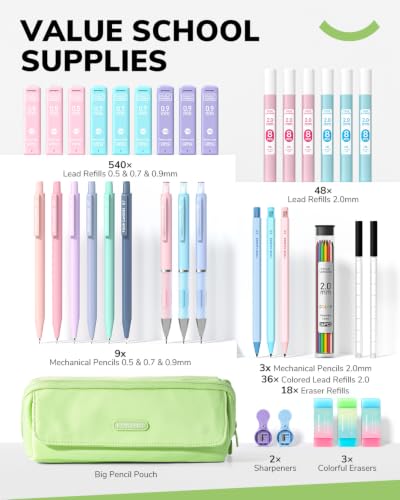 Four Candies 36PCS Mechanical Pencil Set with 624 Lead Refills(Light Green) - color: Light Green