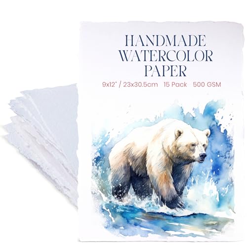 Wanderings Thick Handmade Watercolor Paper with Deckled Edge - 9" x 12" - 500GSM Premium White Cold-Pressed Textured Mixed Media Paper Made with Recycled Cotton - 15 Loose Leaf Sheets - color: White, size: 9x12 inches
