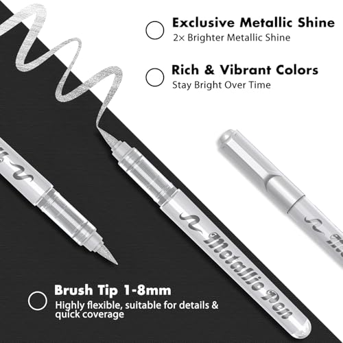 Guangna Silver Metallic Paint Marker Pen, 12 Pcs Brush Tip Silver Acrylic Paint Markers for Black Paper, Scrapbooking, Rock Painting, DIY Arts & Crafts, Glass, Wood, Card Making, Scrapbook Supplies - color: Silver (12-Piece Set)