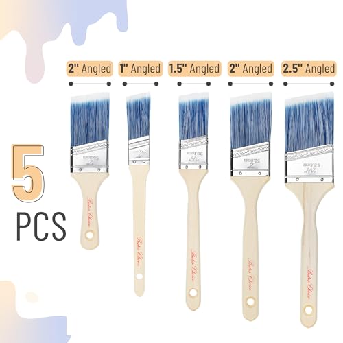 Bates Paint Brush Set - 5 Angled Brushes, 1", "1.5", "2", "2.5" - Treated Wood Handles for Walls, Stain & Furniture - color: Wood Handle Angle, size: 5 Pack, 1", 1.5", 2", 2.5"