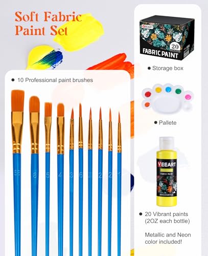 Fabric Paint, Yeeart 20 Colors Permanent Soft Fabric Paint Set for Clothes in Bottles (60ml/2oz) with 10 Brushes, Palette, Non-Toxic Textile Paint Art Supplies for Clothes, Canvas, T-Shirts, Jeans, Bags & Art Crafts - size: 2 Fl Oz (Pack of 20)