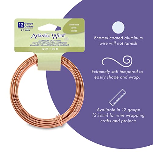 Artistic Wire, Aluminum Craft Wire, 12 Gauge / 2.1 mm, Round, Copper Color, 39.3 ft / 12 m - color: Copper