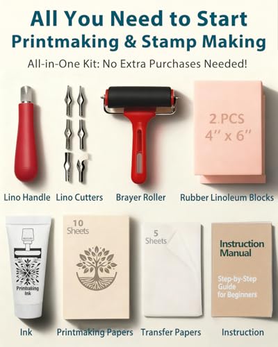 Bluvizo Linocut Tools Block Printing Kit: Stamp Carving Printmaking Kit Supplies with Ink, 12 Rubber Blocks, Brayer, Linoleum Cutters, Tracing Papers, Instruction for Beginners Hobby DIY Gift