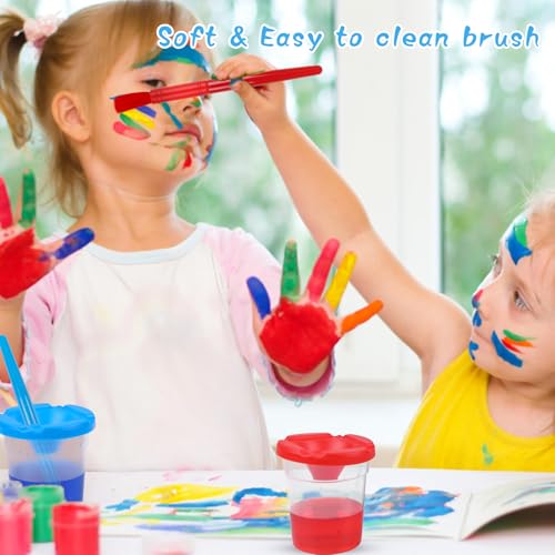 No Spill Paint Cups with Lids, 10 Pcs Spill Proof Painting Containers and 10 Round Paint Brushes Kids Art Craft Class Home Supplies 10 Colors