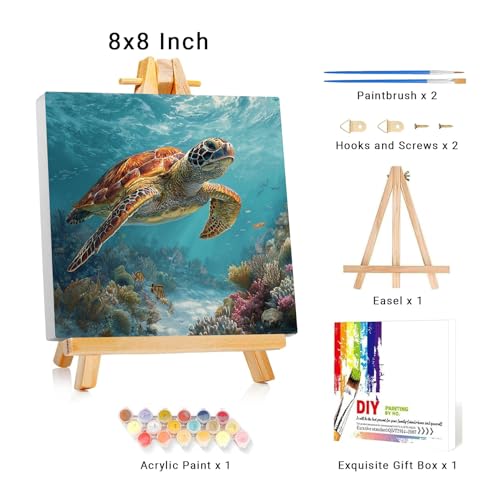 Framed Paint by Numbers Kit for Adults Beginner & Kids Ages 8-12 Sea Turtle Adult Paint by Number Kits on Canvas with Easel Animal Painting by Numbers for Adults with Frame DIY Painting Kits 8x8 Inch - color: NZB22, size: 8x8 Inch