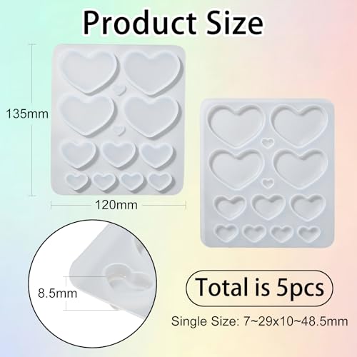 5 Pcs Jewelry Resin Molds - Silicone Heart Resin Casting Molds for Epoxy & Jewelry Making - color: 5pcs-135x120x8.5mm-heart resin silicone mold