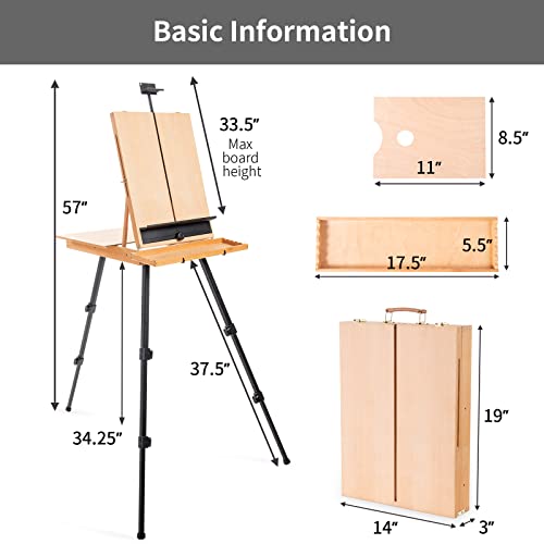 Large French Style Easel, Portable Field & Studio Sketchbox | Plein Air Adjustable Tripod Easel with Detachable Drawer for Display, Painting, Sketching