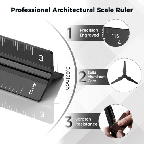 12 Inch Aluminum Architectural Scale Ruler, Aluminum Architect Ruler | Metal Ruler 12 Inch, Laser-Etched Markings, Clear Imperial Scale, Aluminum Body for Blueprints, Floor Plans and Drafting Work