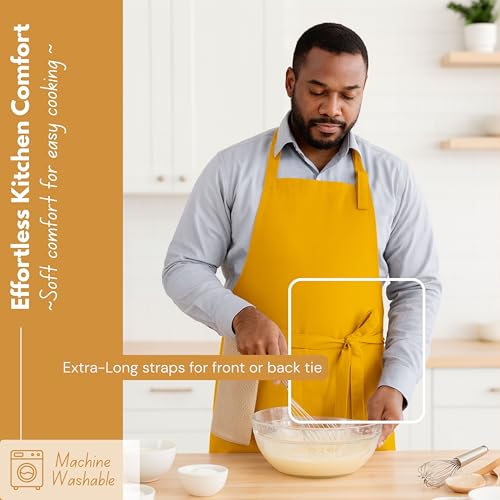 Native Fab Kitchen Apron 2 Pack - 100% Cotton Adjustable, Durable Apron with Pockets, Perfect for Cooking, Baking, Grilling - color: Mustard Yellow